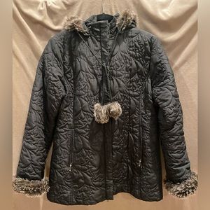 Cabi jacket, faux fur lined cuffs and removable hood.